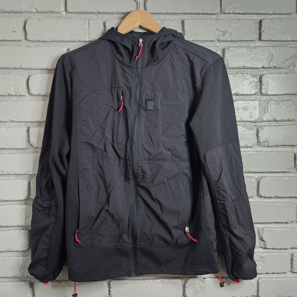 Topo Designs Black Lightweight Hooded Shirt Jacket with Red Accents